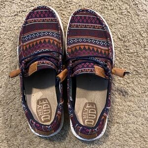 Hey Dude Women’s Navy, Orange, Pink & Brown Patterned Slip-Ons